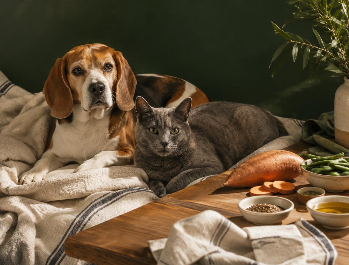 Cachorro beagle e gato cinza deitados juntos sobre uma manta ao lado de ingredientes frescos